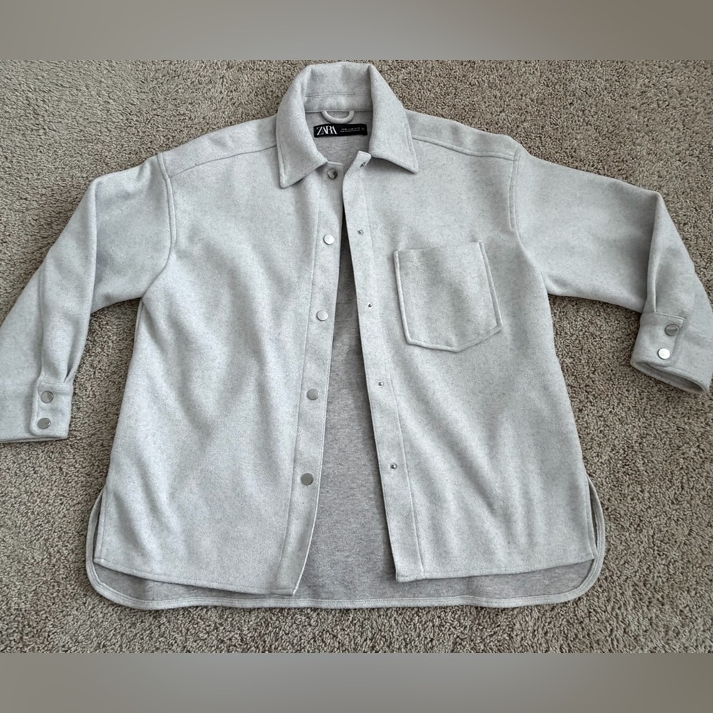 Zara Soft Oversized Fleece Shirt Jacket Light Gray XS